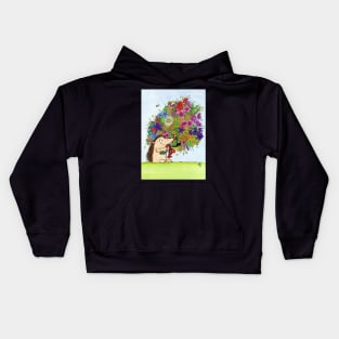 Hedgehog holding a Bouquet of flowers Kids Hoodie